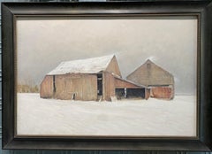 "A Winter Scene" 2023 oil painting, red abandoned barn covered in snow - realism