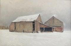 "A Winter Scene" 2023 oil painting, red abandoned barn covered in snow - realism