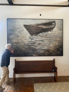 ”Alone Adrift” oil painting of boat on water, cool tones, large-scale, framed