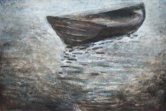 "Alone Adrift" Ölgemälde von Boot auf Wasser, kühle Töne, großformatig, gerahmt