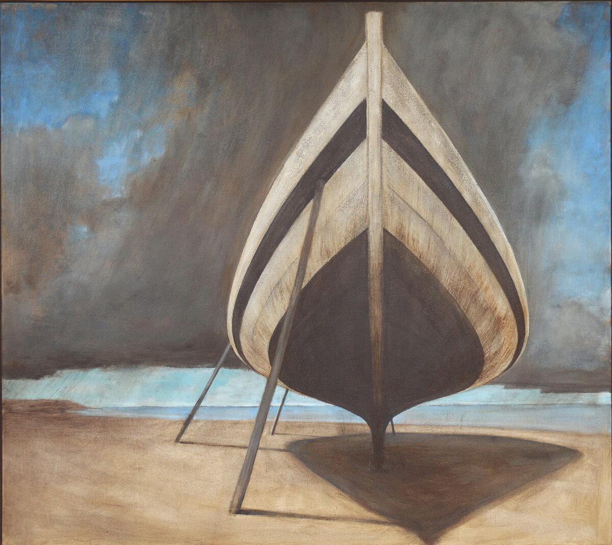 "Avant la tempête" peinture à l'huile d'un voilier sur la plage, tons froids, ciel inquiétant