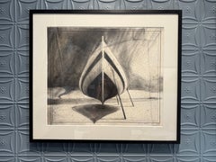 “Before the Storm” sailboat in boatyard, graphite, collage, nautical