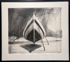 “Before the Storm” sailboat in boatyard, graphite, collage, nautical