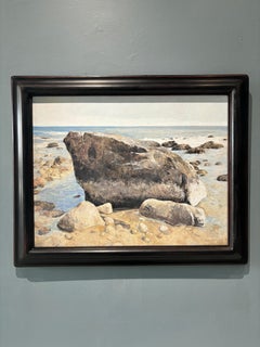« Bird Rock », peinture à l'huile réaliste d'un rocher de mer usé sur la plage de Montauk, NY