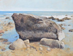 "Bird Rock" realist oil painting of sea worn boulder on the beach in Montauk, NY
