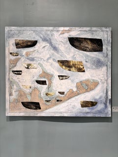 "East End Revisited" oil painting on map, boats, Gardiner's Bay, Long Island