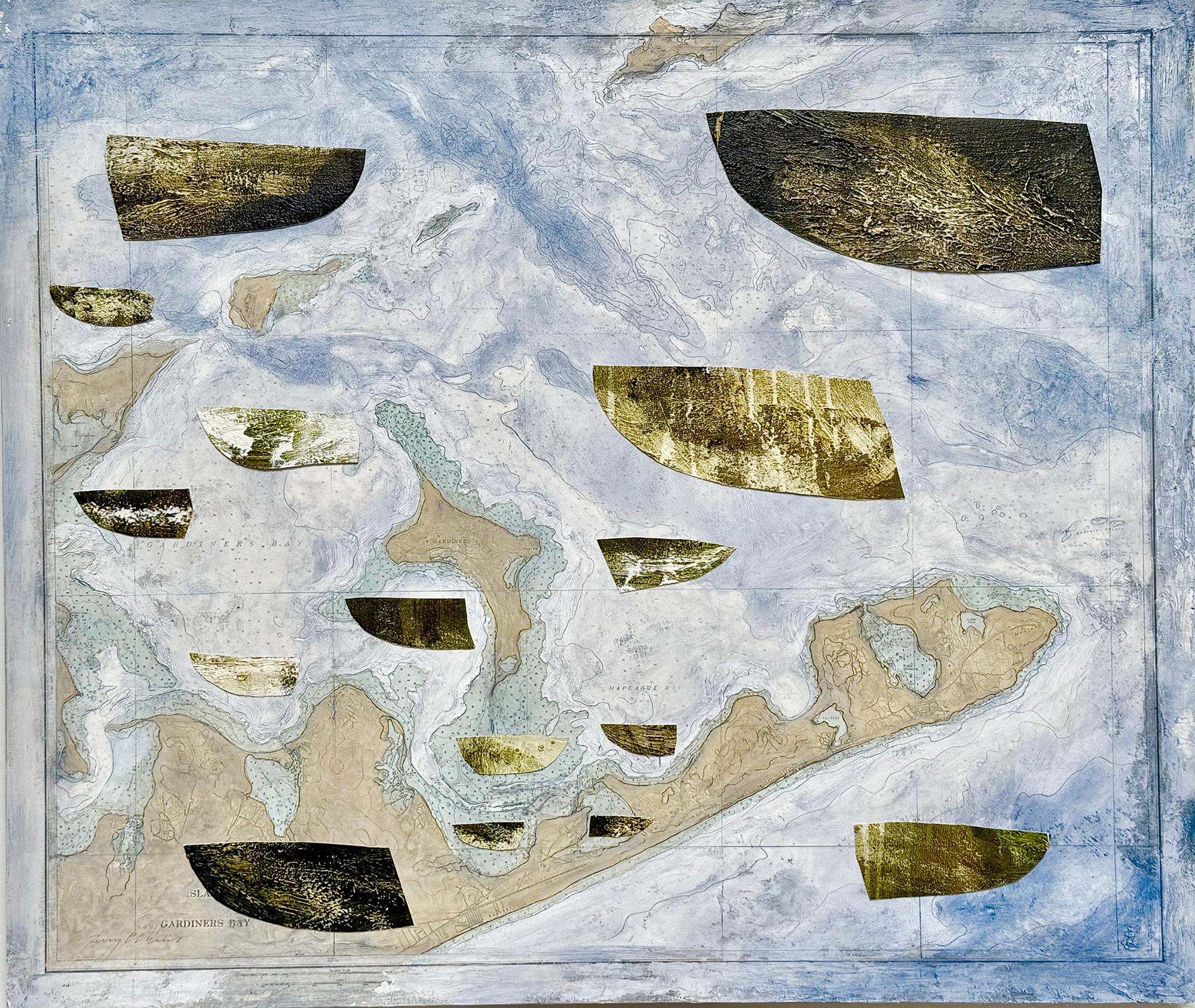Terry Elkins Landscape Painting – "East End Revisited" Ölgemälde auf Karte, Boote, Gardiner's Bay, Long Island