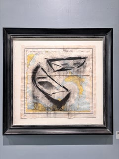"Gardiner's Dories" charcoal drawing on collage, maps and boats