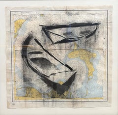 "Gardiner's Dories" charcoal drawing on collage, maps and boats