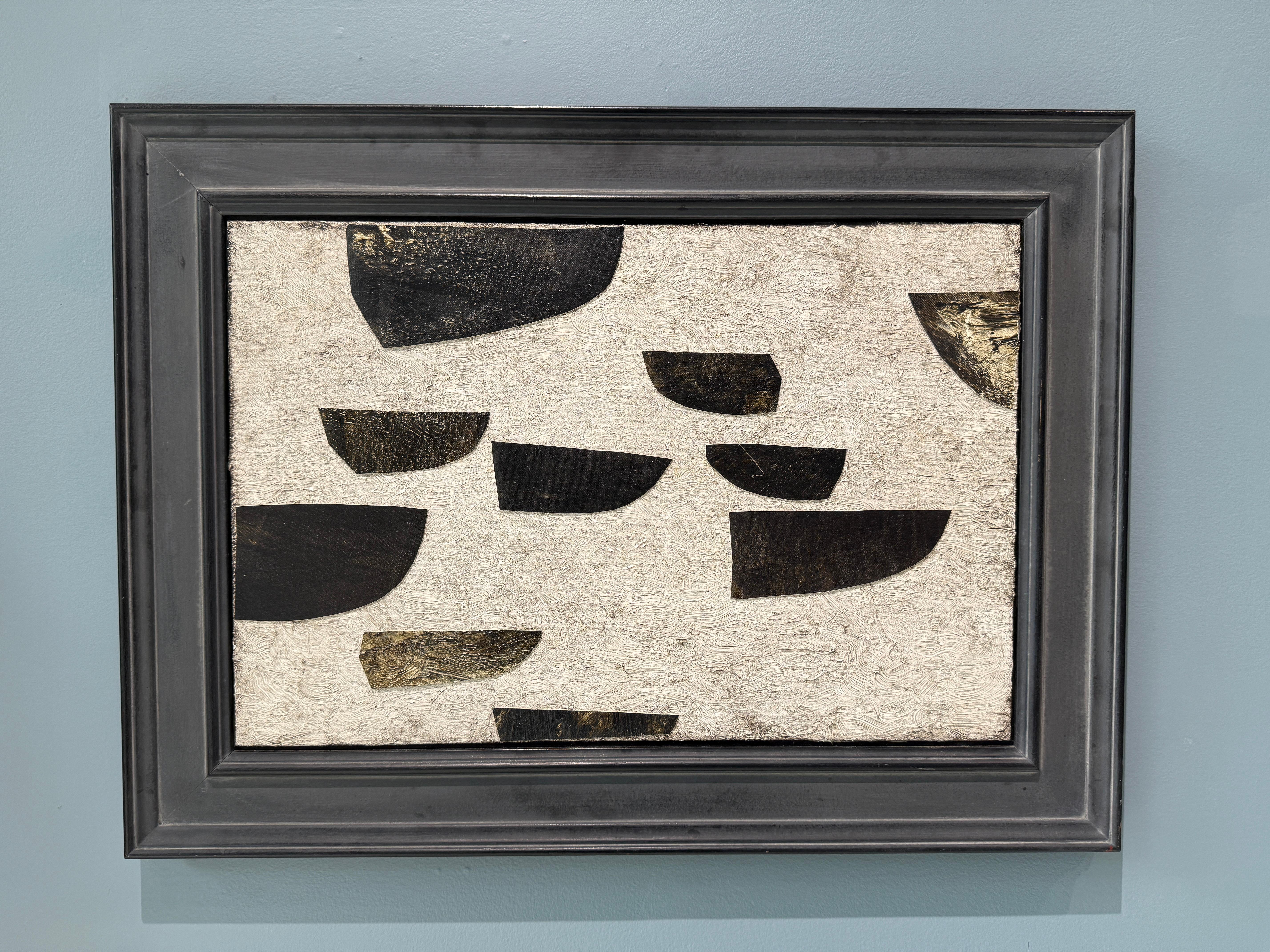 “Just Passing Through” oil on canvas collage nautical, boats, neutral, framed - American Realist Mixed Media Art by Terry Elkins