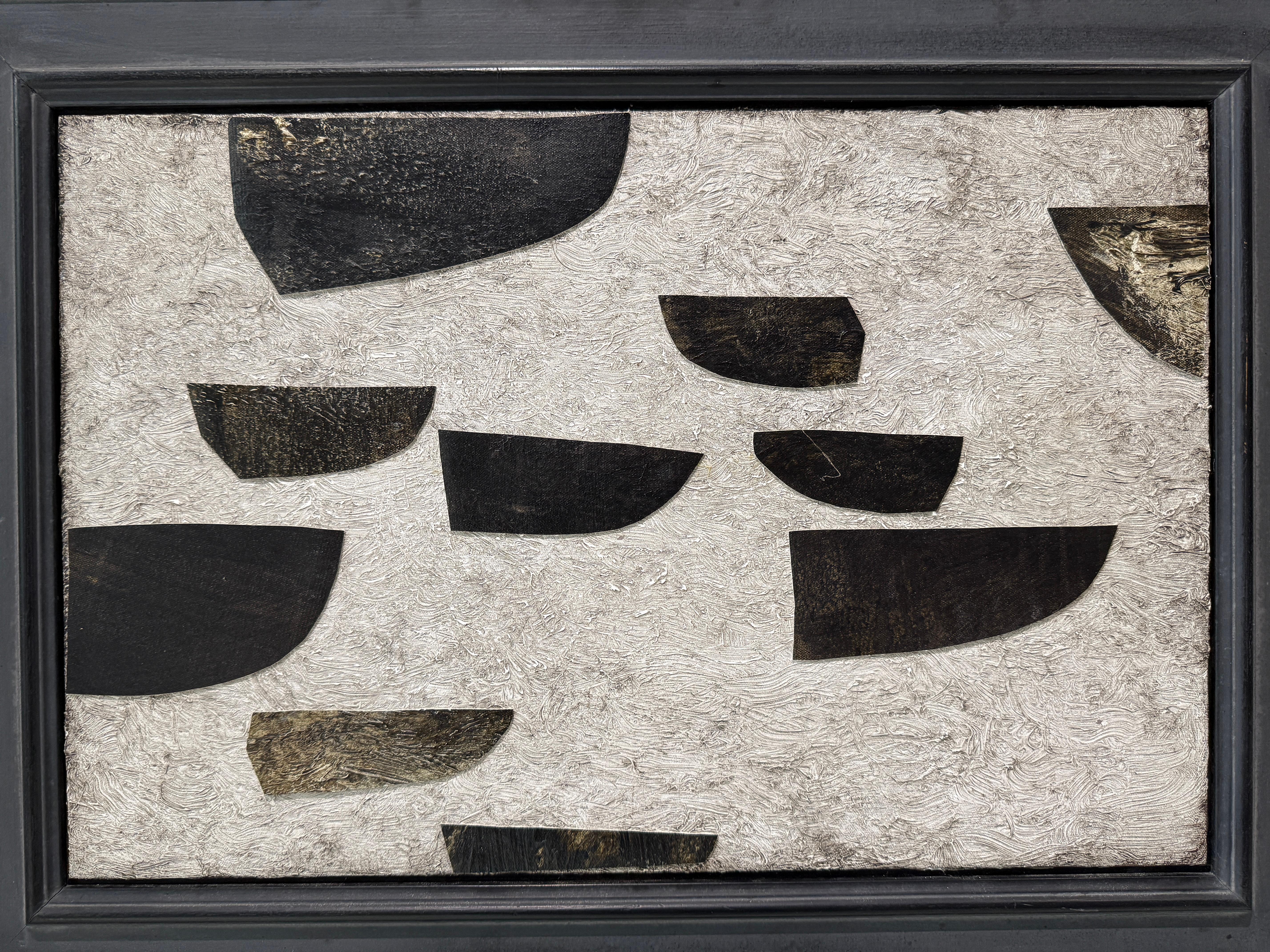 An oil on canvas, canvas collage by American artist Terry Elkins. Elkins takes painted canvases and cuts them into simple dory boat shapes, and arranges them atop a texturally painted canvas, to give the effect of boats on a body of water. A graphic