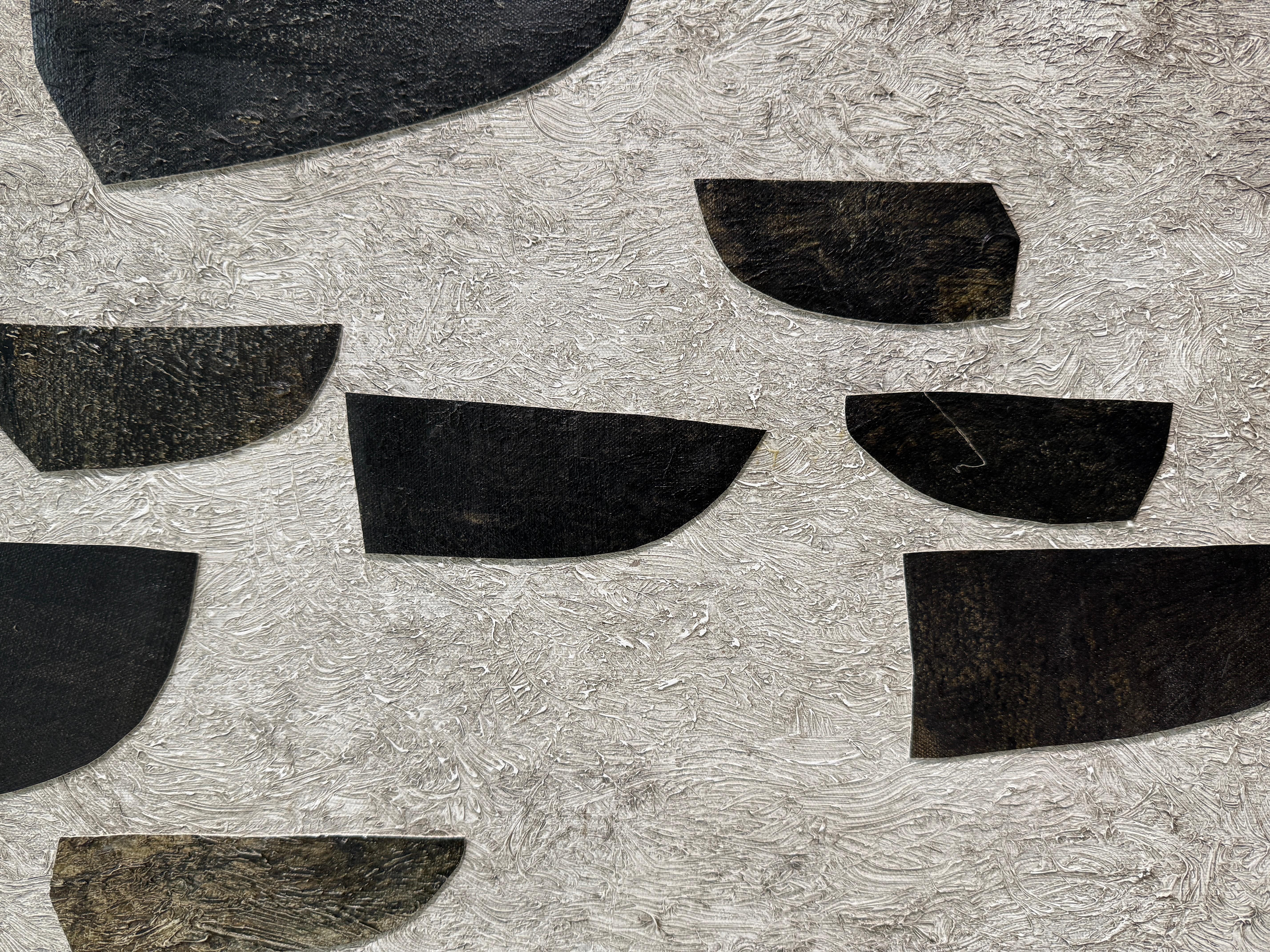 “Just Passing Through” oil on canvas collage nautical, boats, neutral, framed For Sale 1