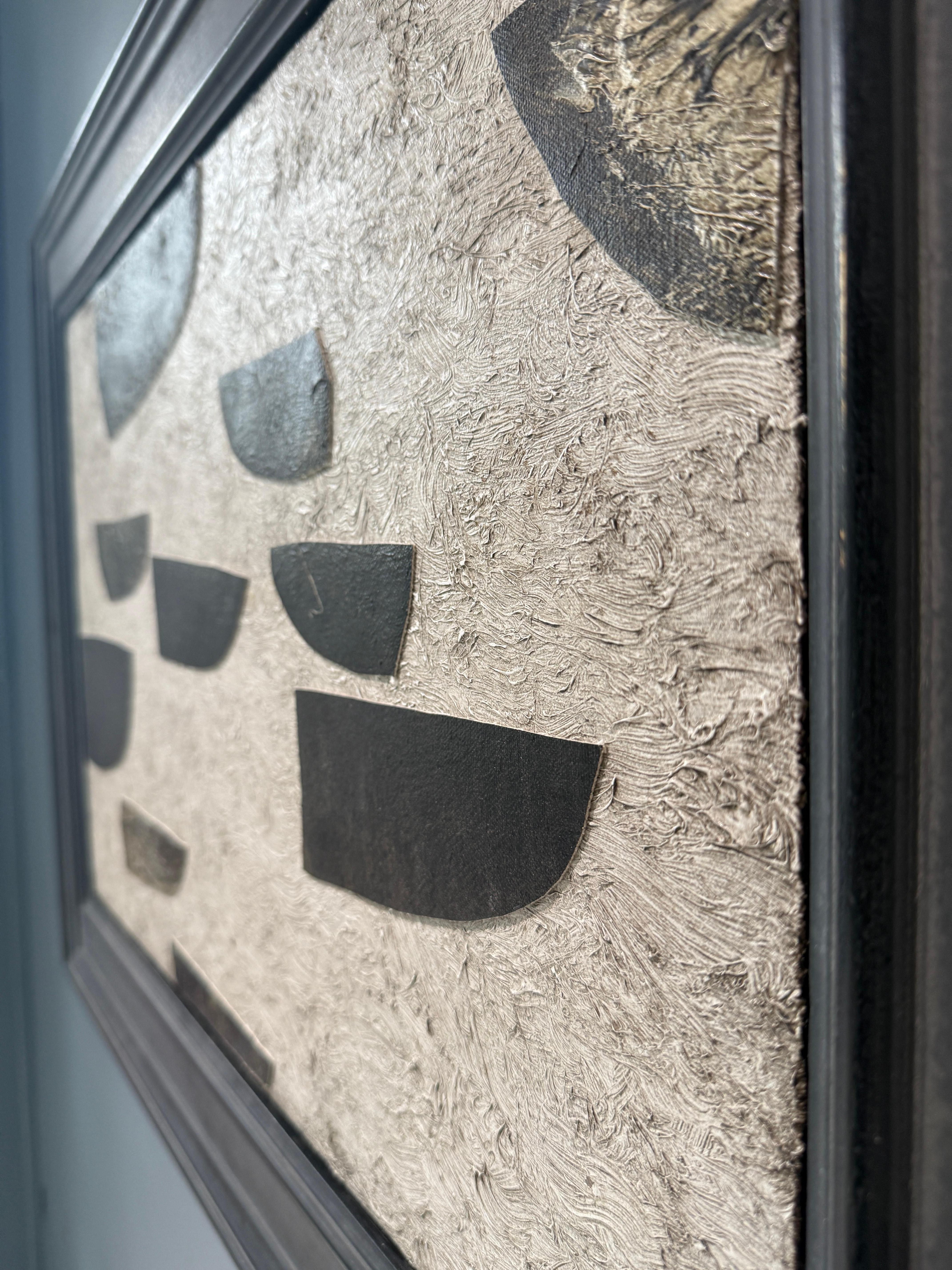 “Just Passing Through” oil on canvas collage nautical, boats, neutral, framed For Sale 4