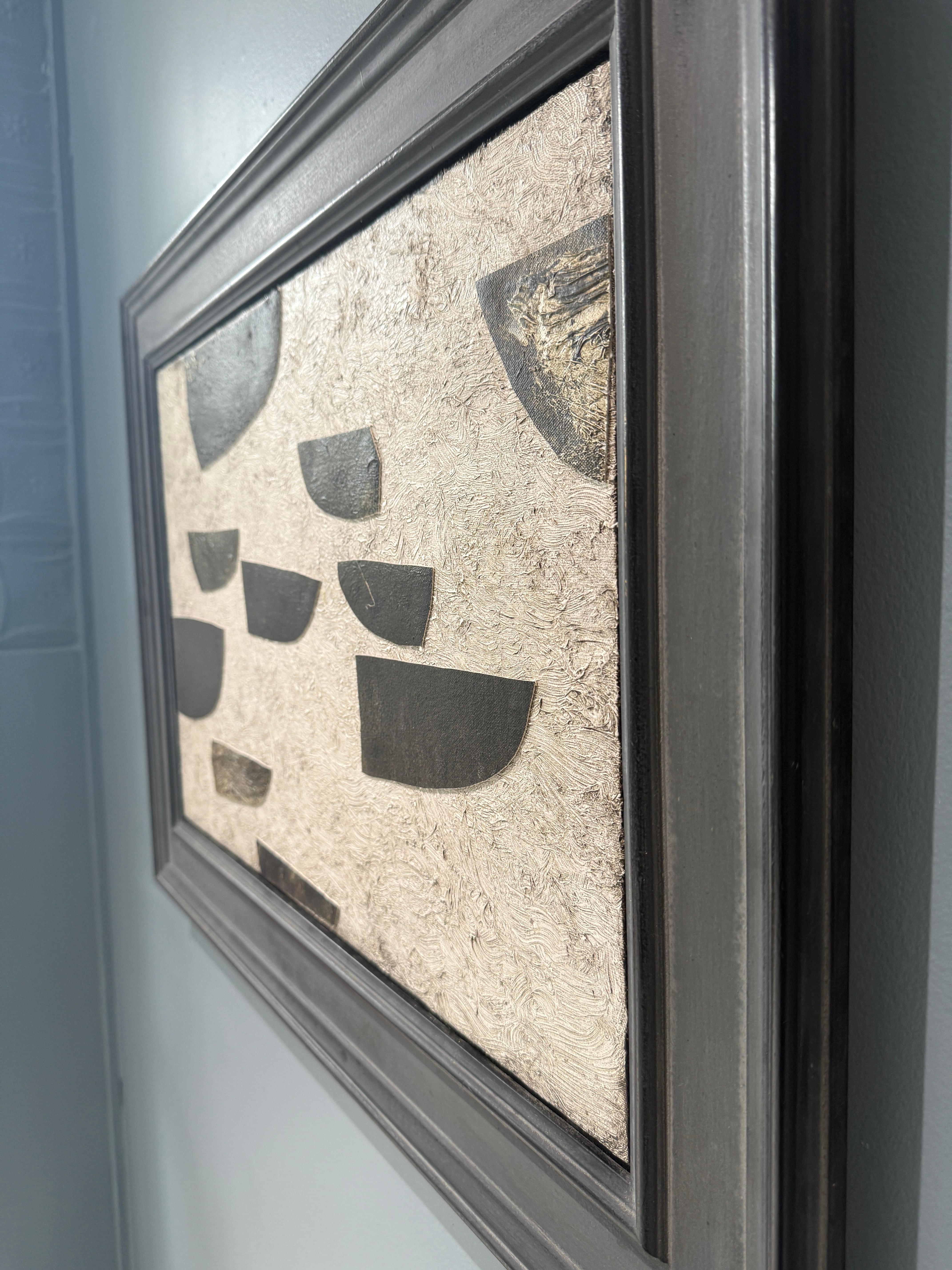 “Just Passing Through” oil on canvas collage nautical, boats, neutral, framed For Sale 5