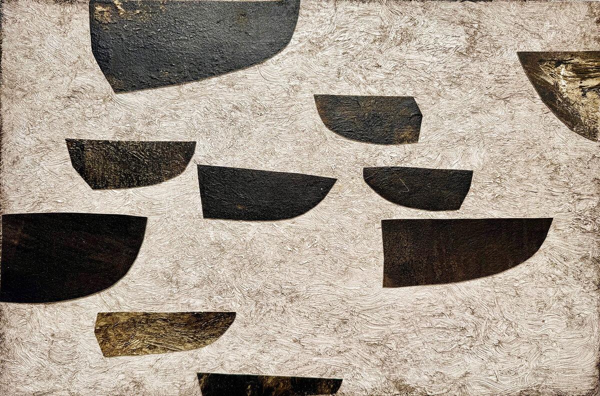 "Just Passing Through" Öl auf Leinwand Collage nautisch, Boote, neutral, gerahmt