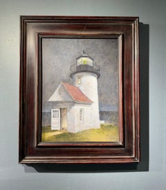 "Keeper's Concern" contemporary oil painting of classic old lighthouse