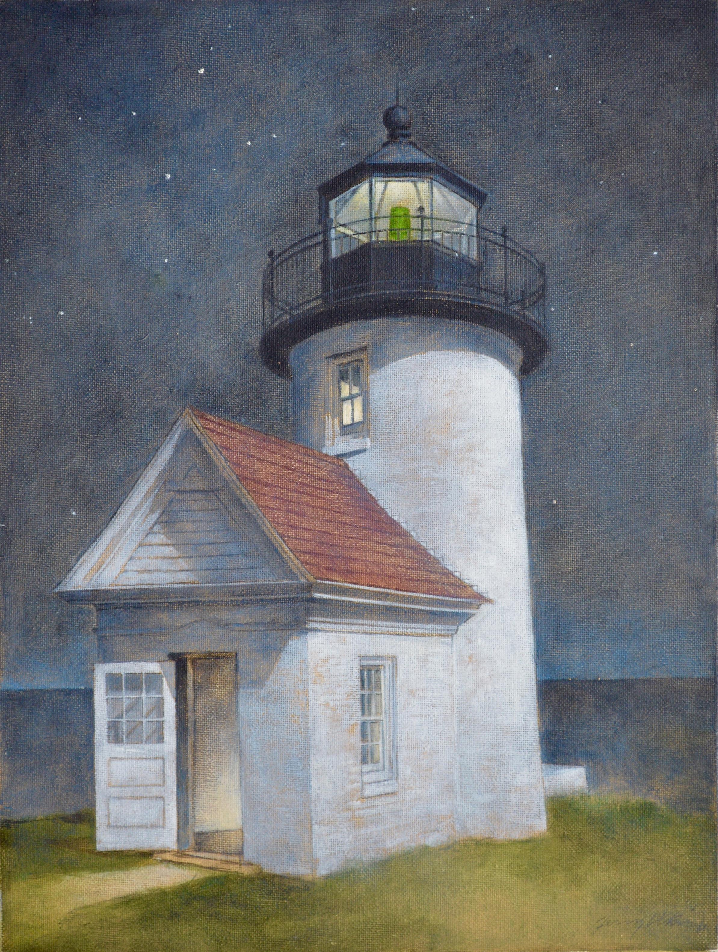 Terry Elkins Landscape Painting - "Keeper's Concern" contemporary oil painting of classic old lighthouse