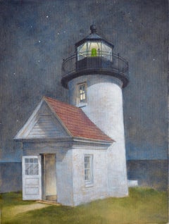 "Keeper's Concern" contemporary oil painting of classic old lighthouse