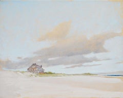 "Kennedy House, Wainscott" peinture de paysage de nuages au-dessus d'une maison de plage emblématique.