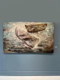 “Long Island Sound” oil painting of two dories, Long Island, NY, cool tones