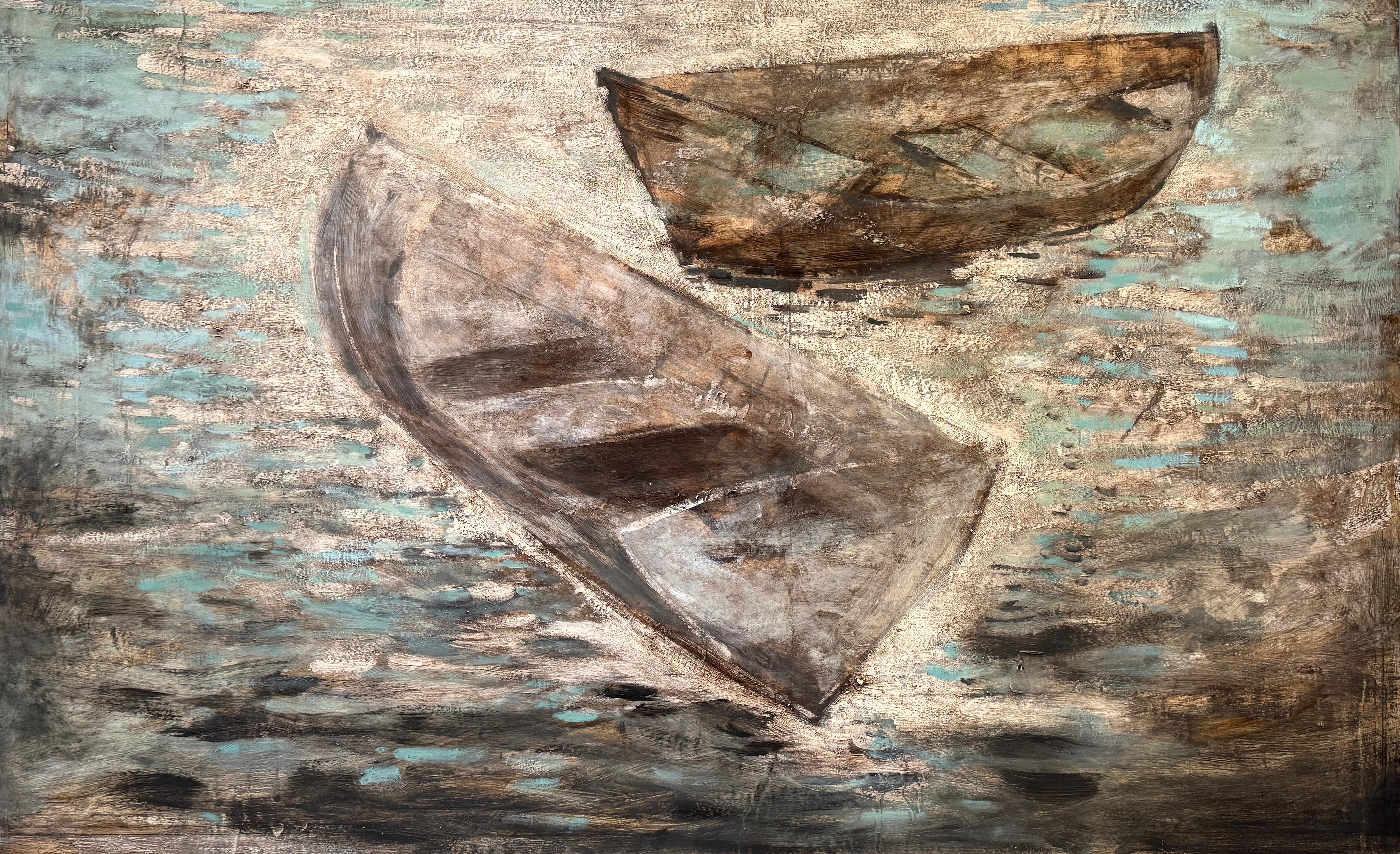 "Long Island Sound" Ölgemälde von zwei Booten, Long Island, NY, kühle Farbtöne – Painting von Terry Elkins