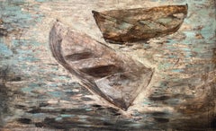 “Long Island Sound” oil painting of two dories, Long Island, NY, cool tones