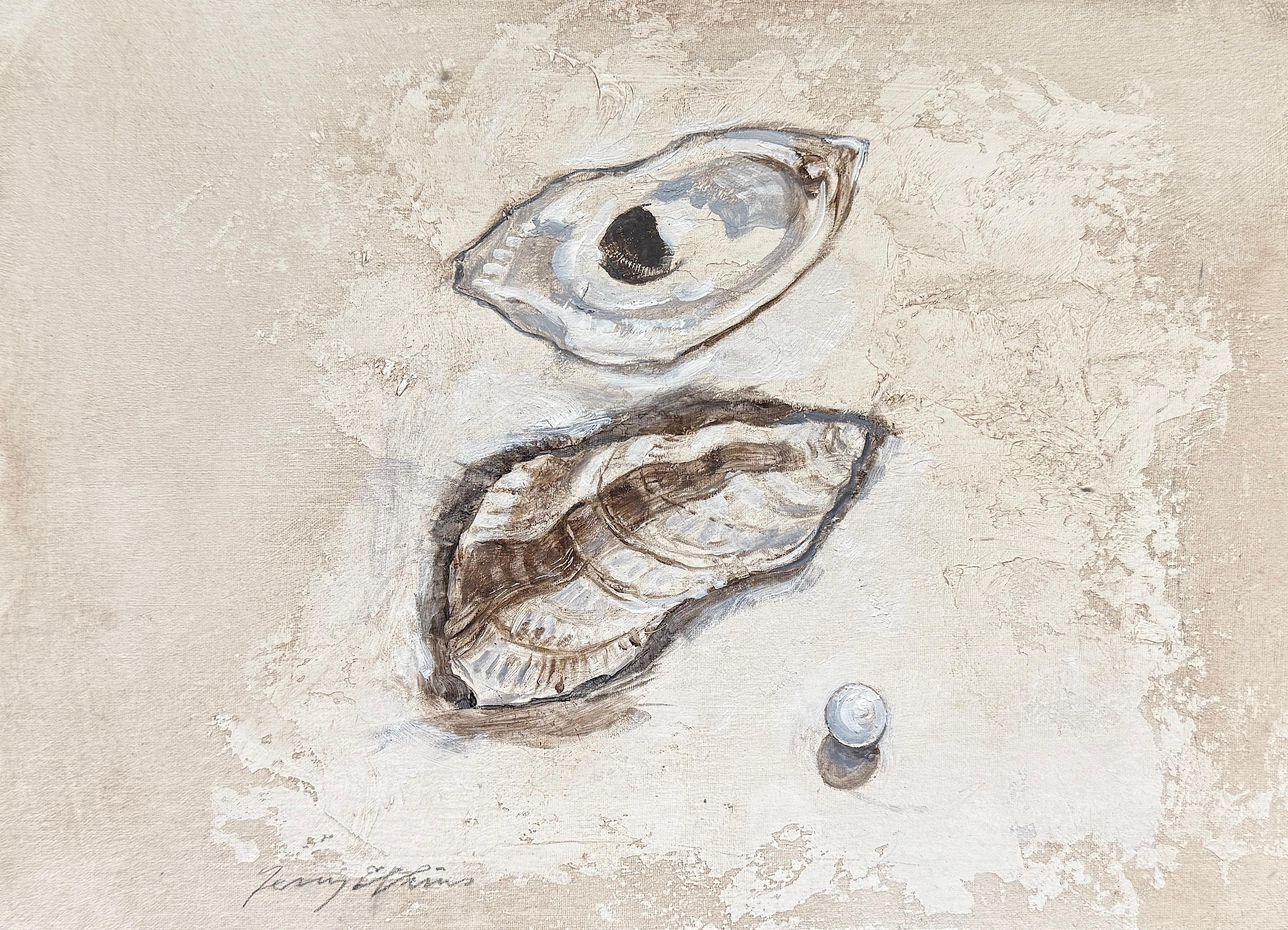 Terry Elkins Animal Painting – "Perle" realistisches Stillleben, Austernschale und seltener Edelstein aus dem Meer