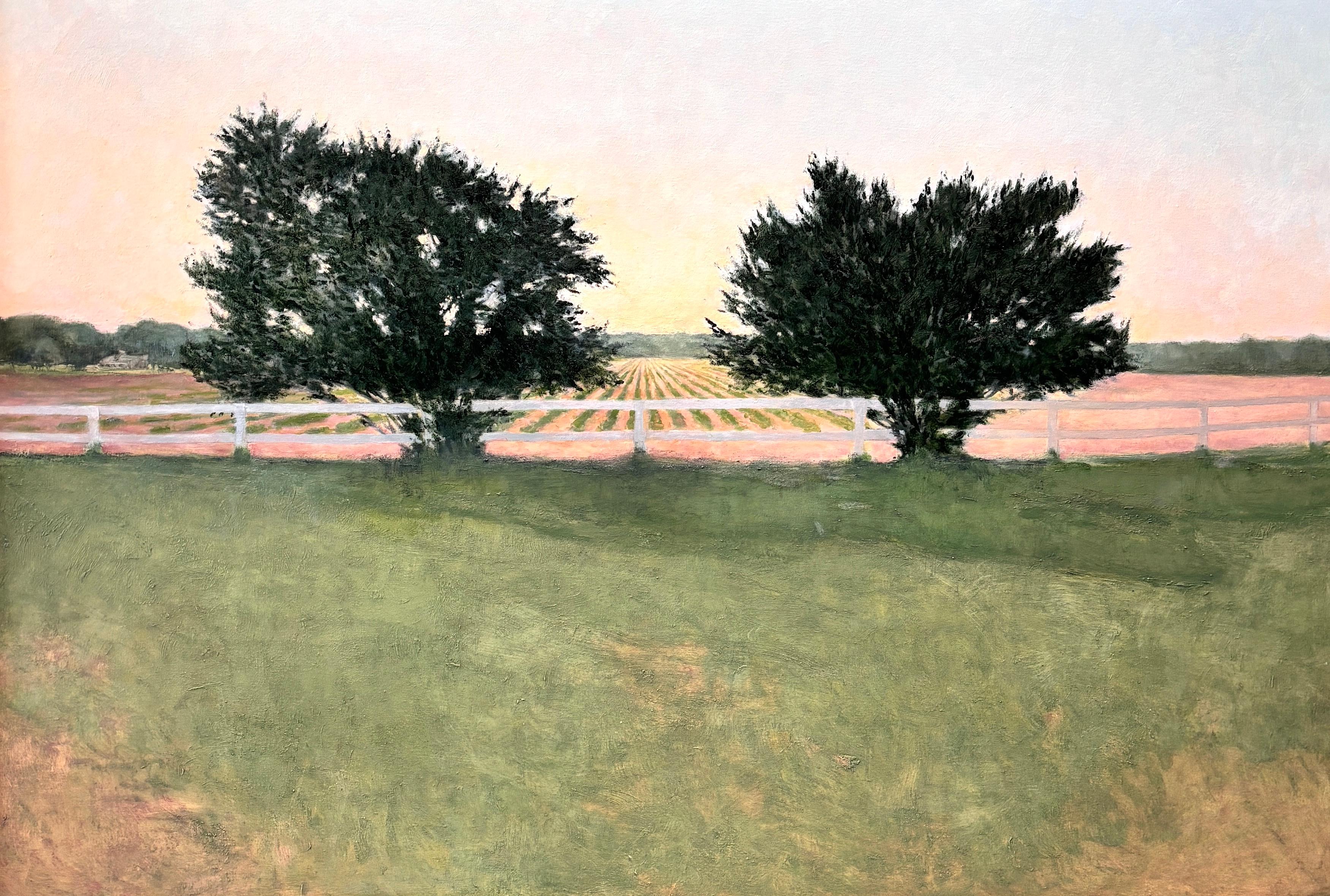 "Olivo ruso, Wainscott" pintura de paisaje de campo con árboles Wainscott, NY