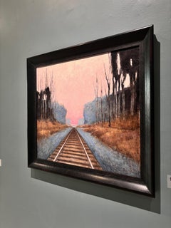 "Study for Sunset Behind the Barn" Oil painting, train tracks under a pink sky