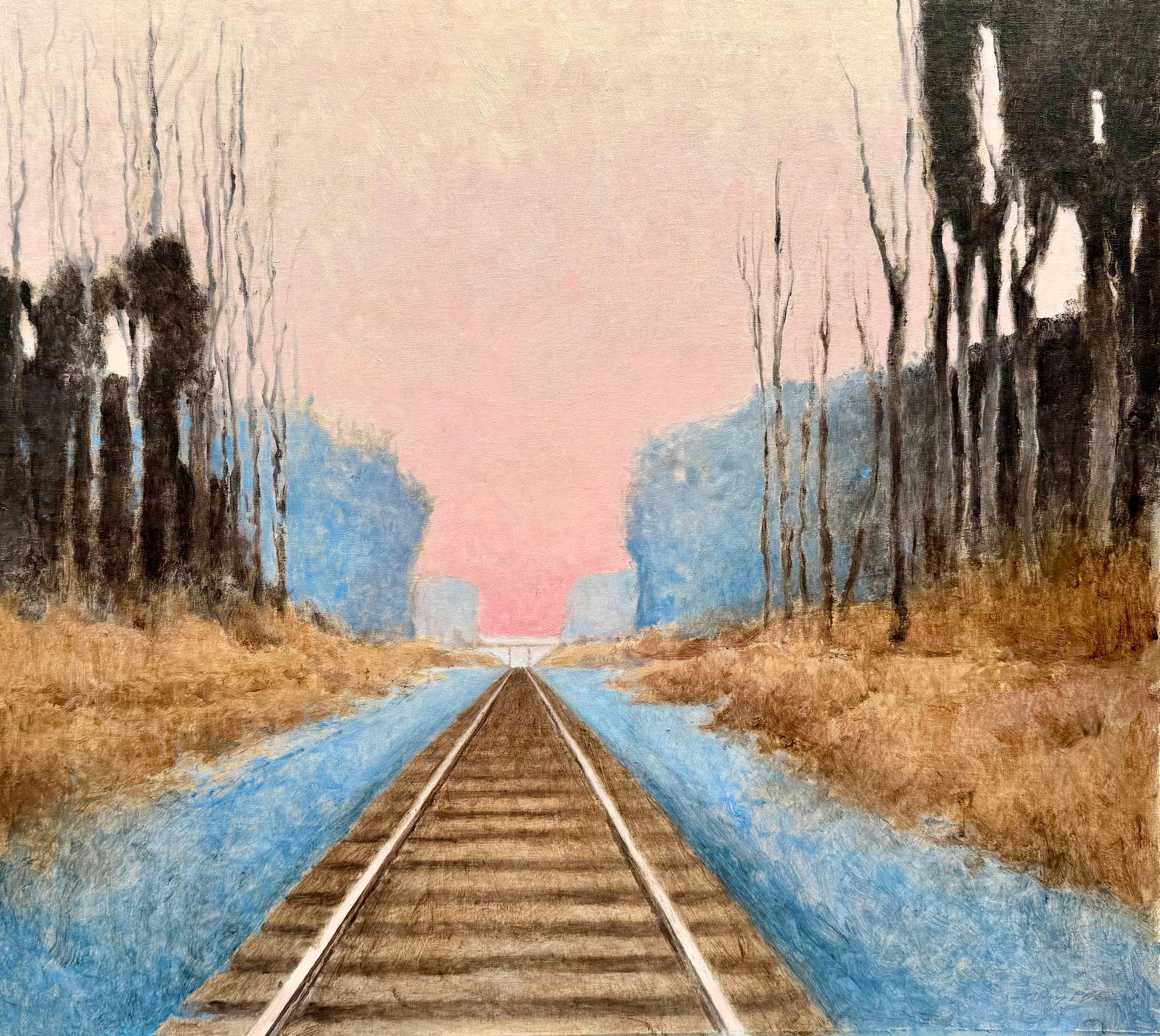 Terry Elkins Landscape Painting – "Studie für Sonnenuntergang hinter der Scheune" Ölgemälde, Eisenbahnschienen unter einem rosa Himmel