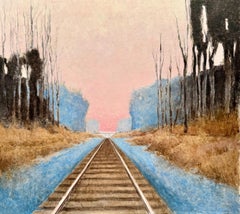 "Study for Sunset Behind the Barn" Oil painting, train tracks under a pink sky