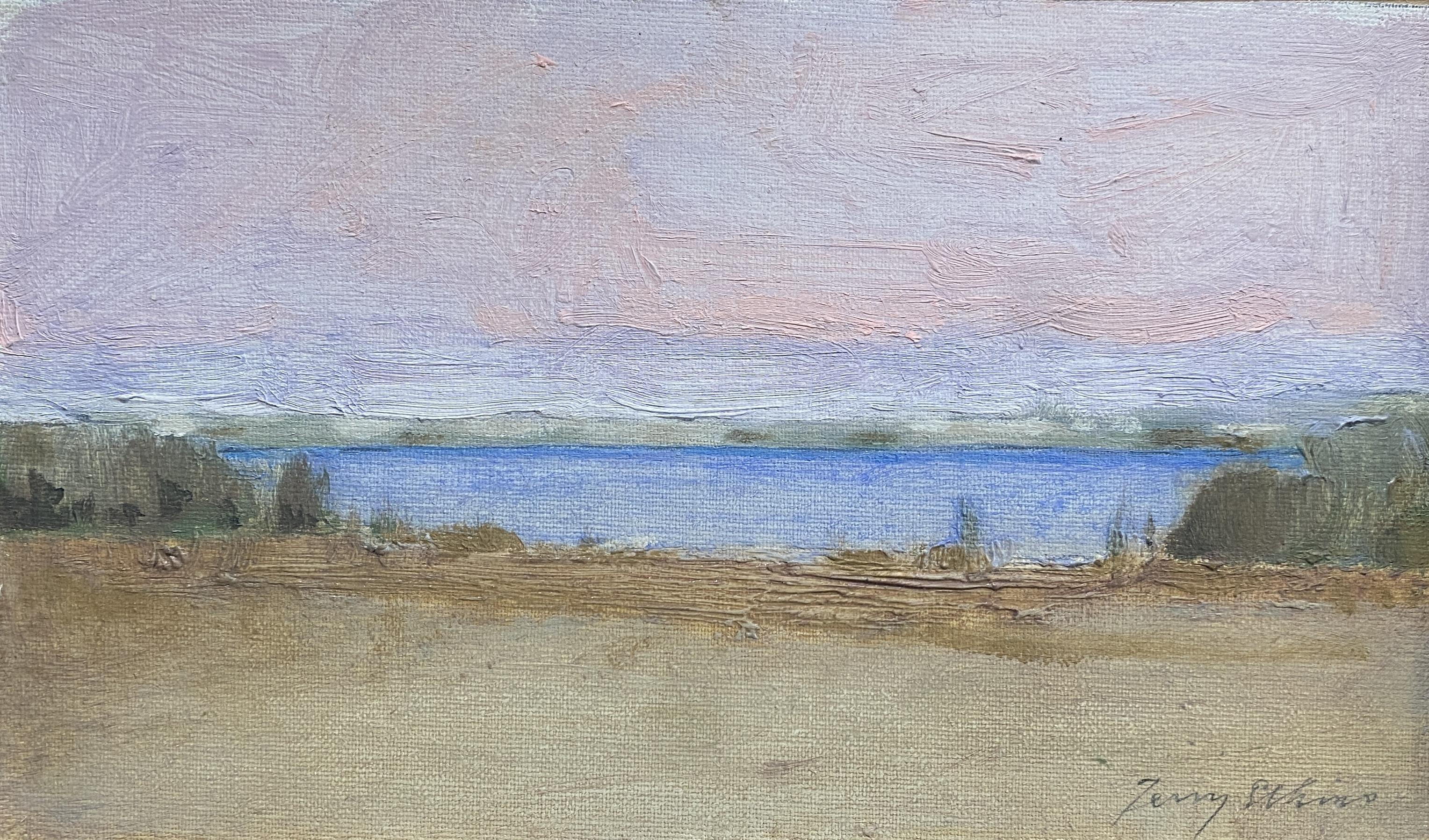 "Studio, Wainscott Pond I" 2023 dipinto a olio su piccola scala in cornice dorata anticata