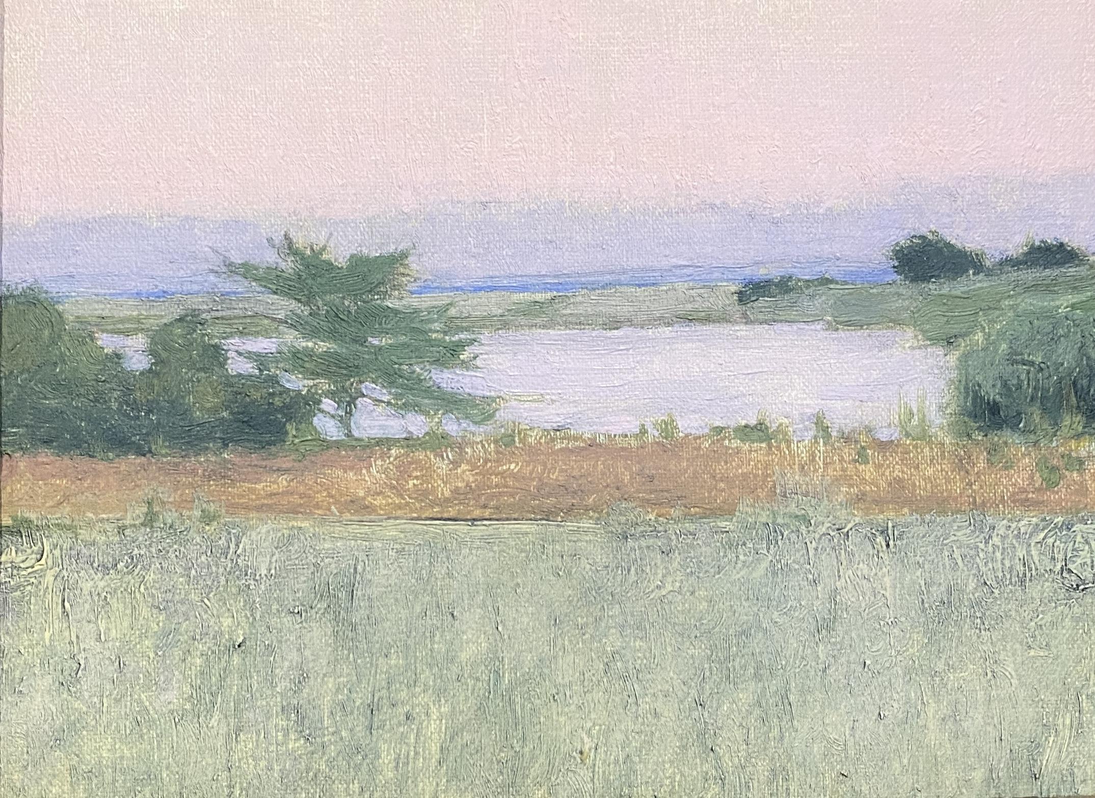 Terry Elkins Still-Life Painting - "Study, Wainscott Pond II" oil painting, impressionist landscape, ornate frame