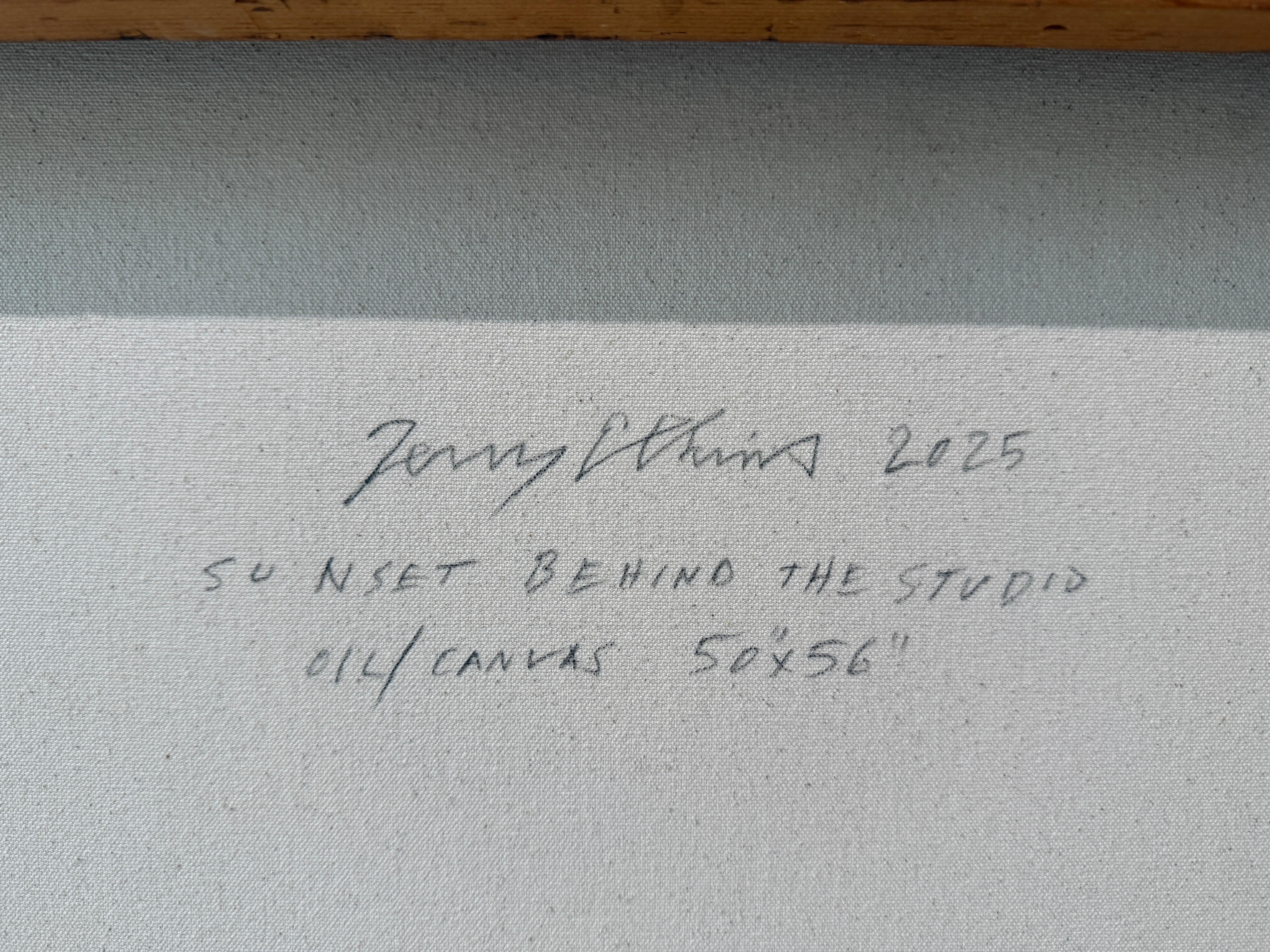 ”Sunset Behind the Barn” American realist, oil painting, sunset, signed & framed - Black Landscape Painting by Terry Elkins