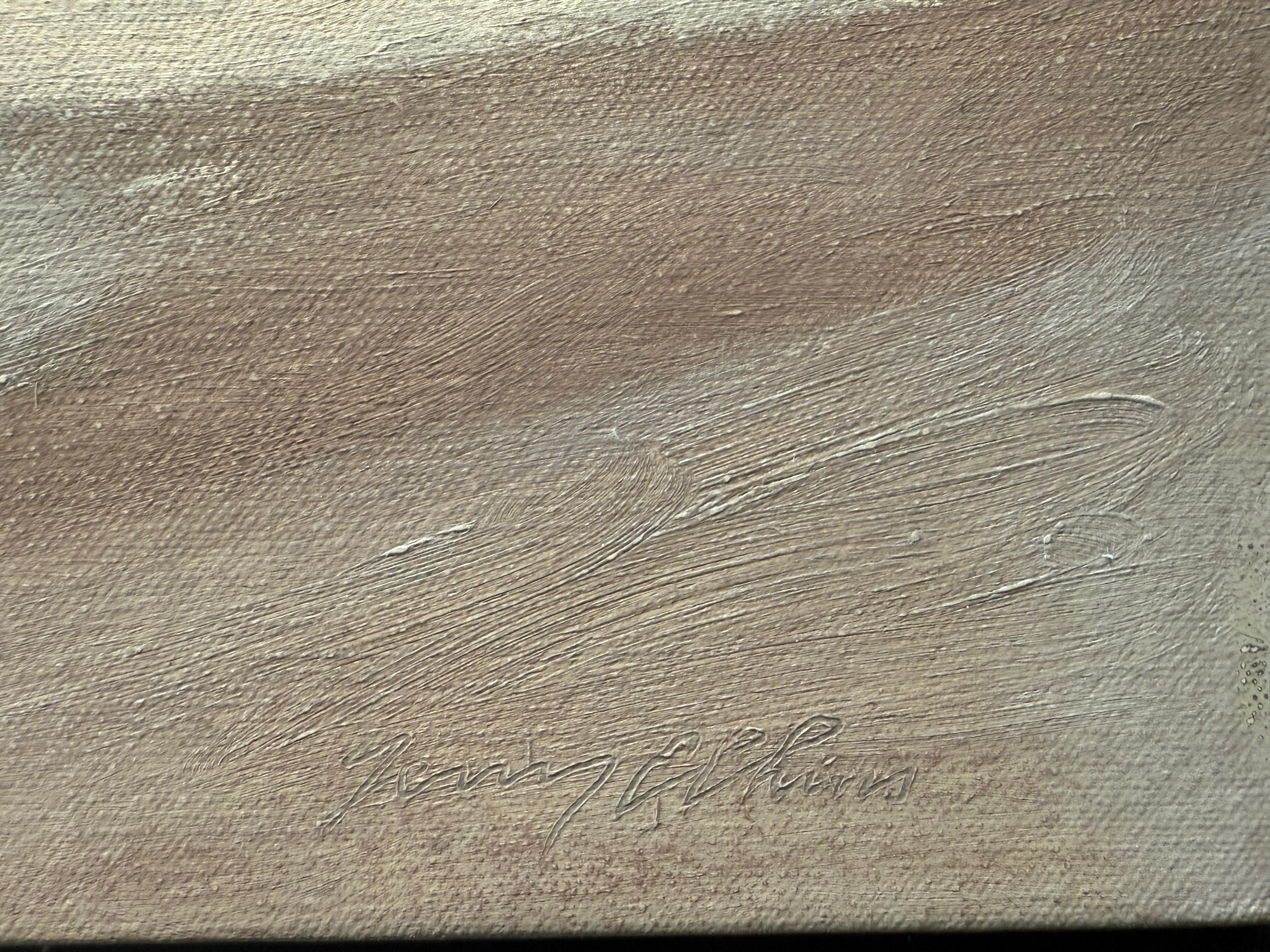 Peinture à l'huile de Terry Elkins (né en 1951 / Vicksburg, Mississippi) représentant le vaste ciel bleu au-dessus de l'océan Atlantique, à Sagg Main Beach à Sagaponack, NY. Un mince croissant de lune flotte dans le ciel bleu, une tache de peinture