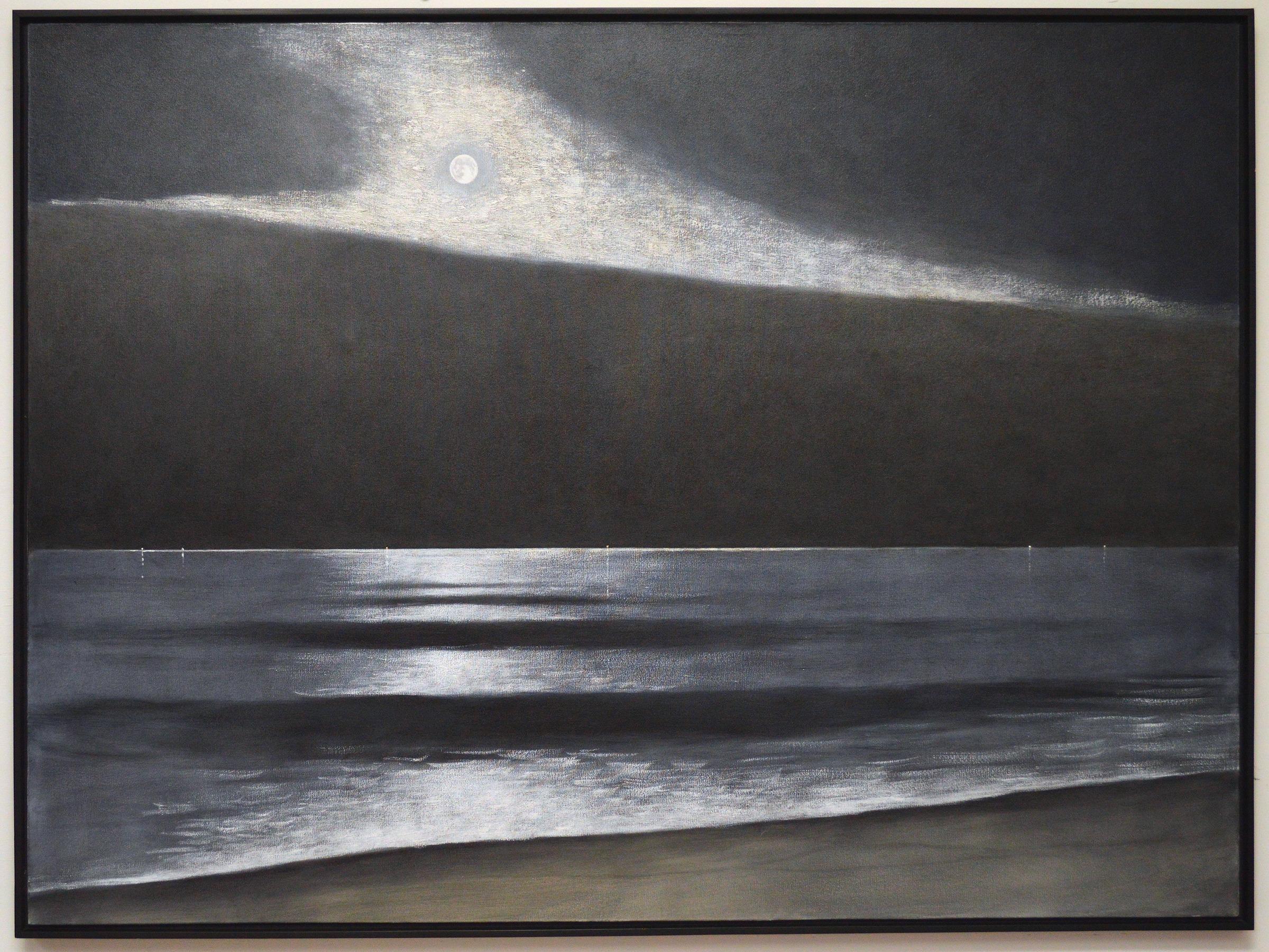 Abstract Painting de Terry Elkins - "Town Line Moonlight" paisaje marino nocturno en blanco, negro y gris en Long Island, NY
