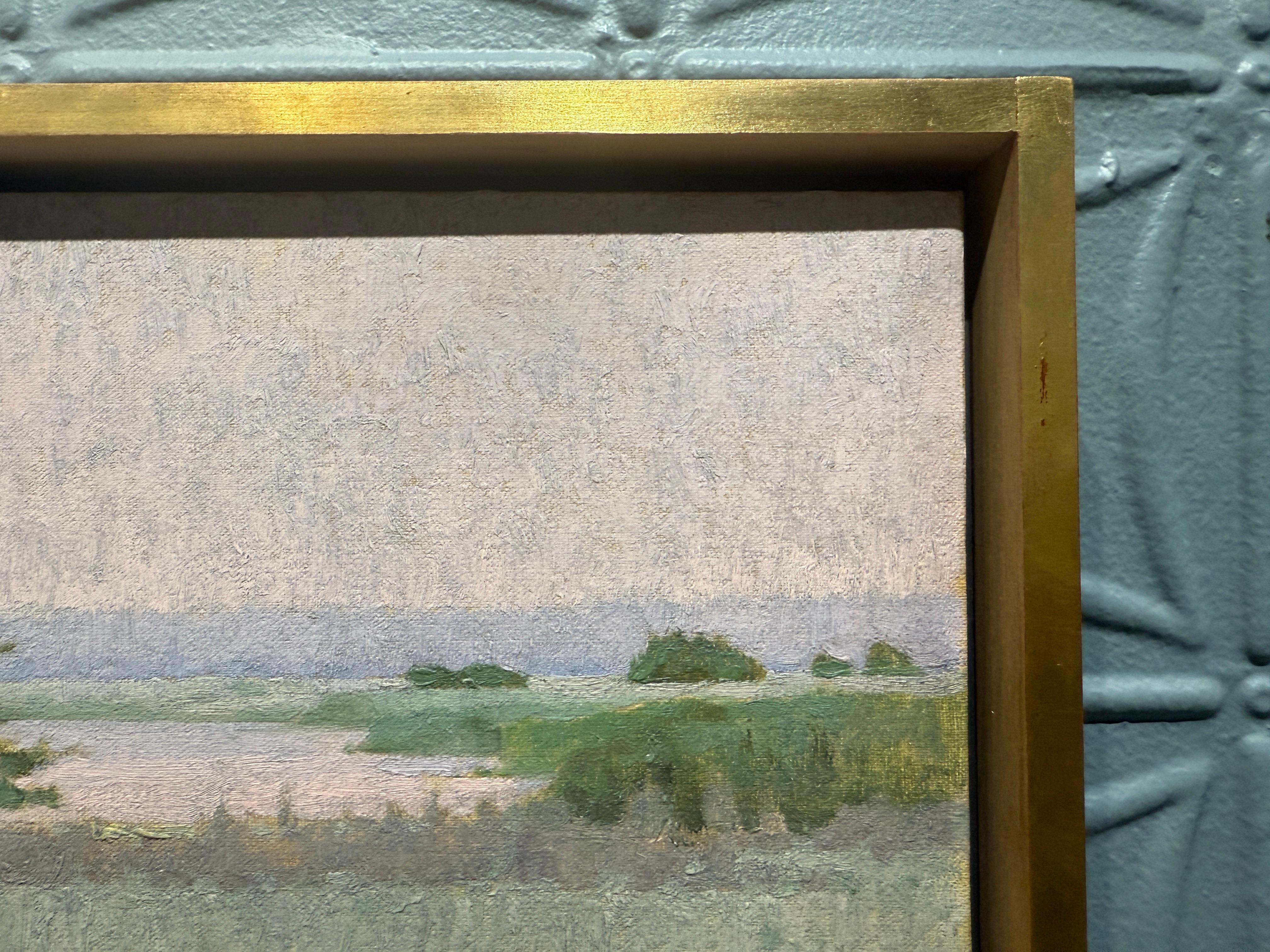 An oil painting by American artist Terry Elkins. It depicts the Wainscott pond in East Hampton, New York. A pink sky reflects on the ponds surface, which pools as the focal point of the painting. A green tree and shrubs surround the pond, and a soft