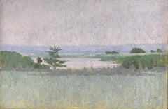 "Otoño en el estanque de Wainscott, boceto 2"  óleo, paisaje impresionista cielo rosa