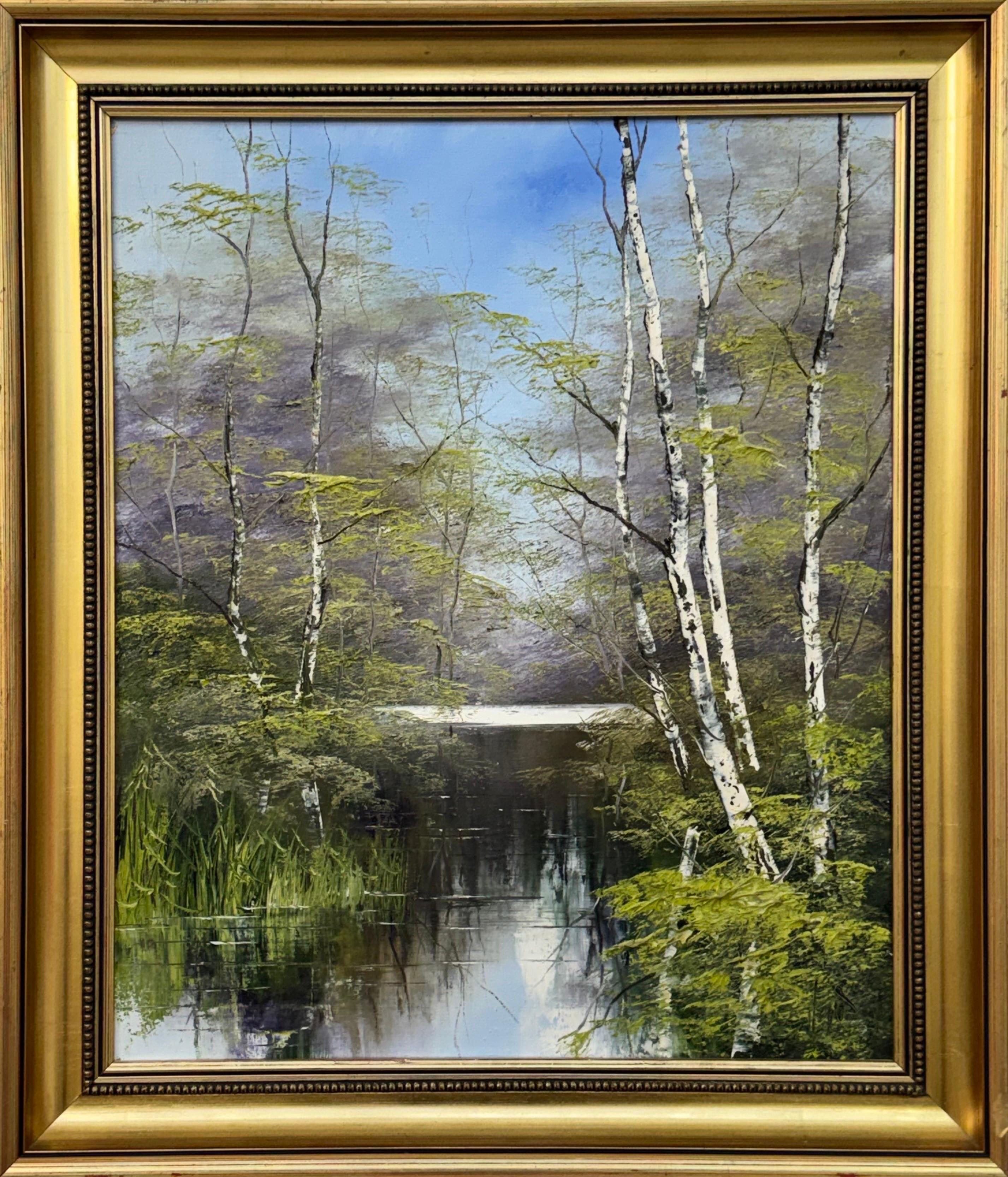 Terry Evans Landscape Painting - Impasto Oil Painting of River & Silver Birch Trees - British Contemporary Artist