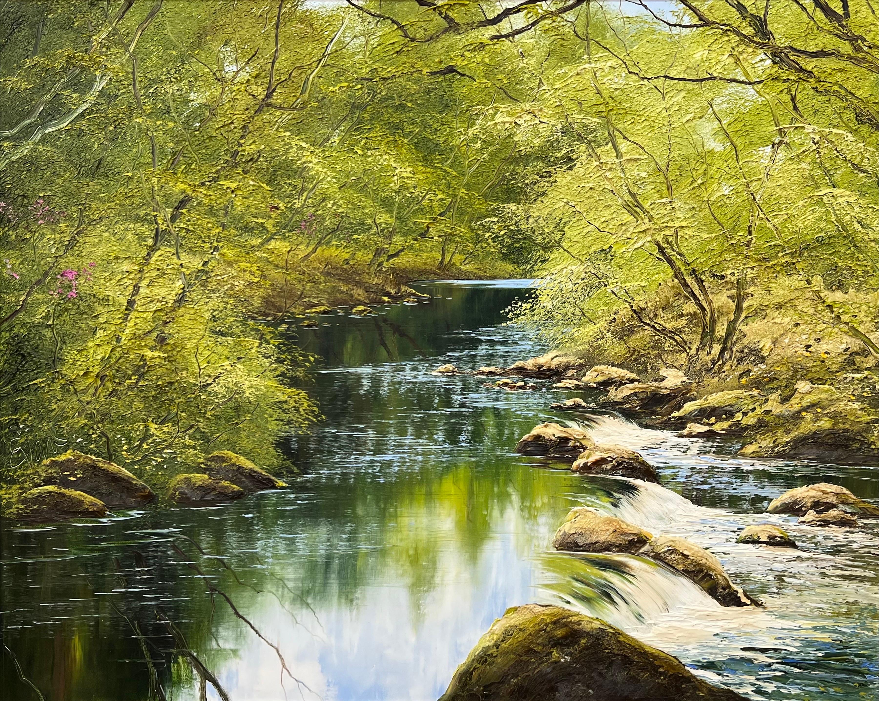 Peinture à l'huile empâtée d'une scène d'arbre de rivière Artiste britannique d'après-guerre et contemporain en vente 12