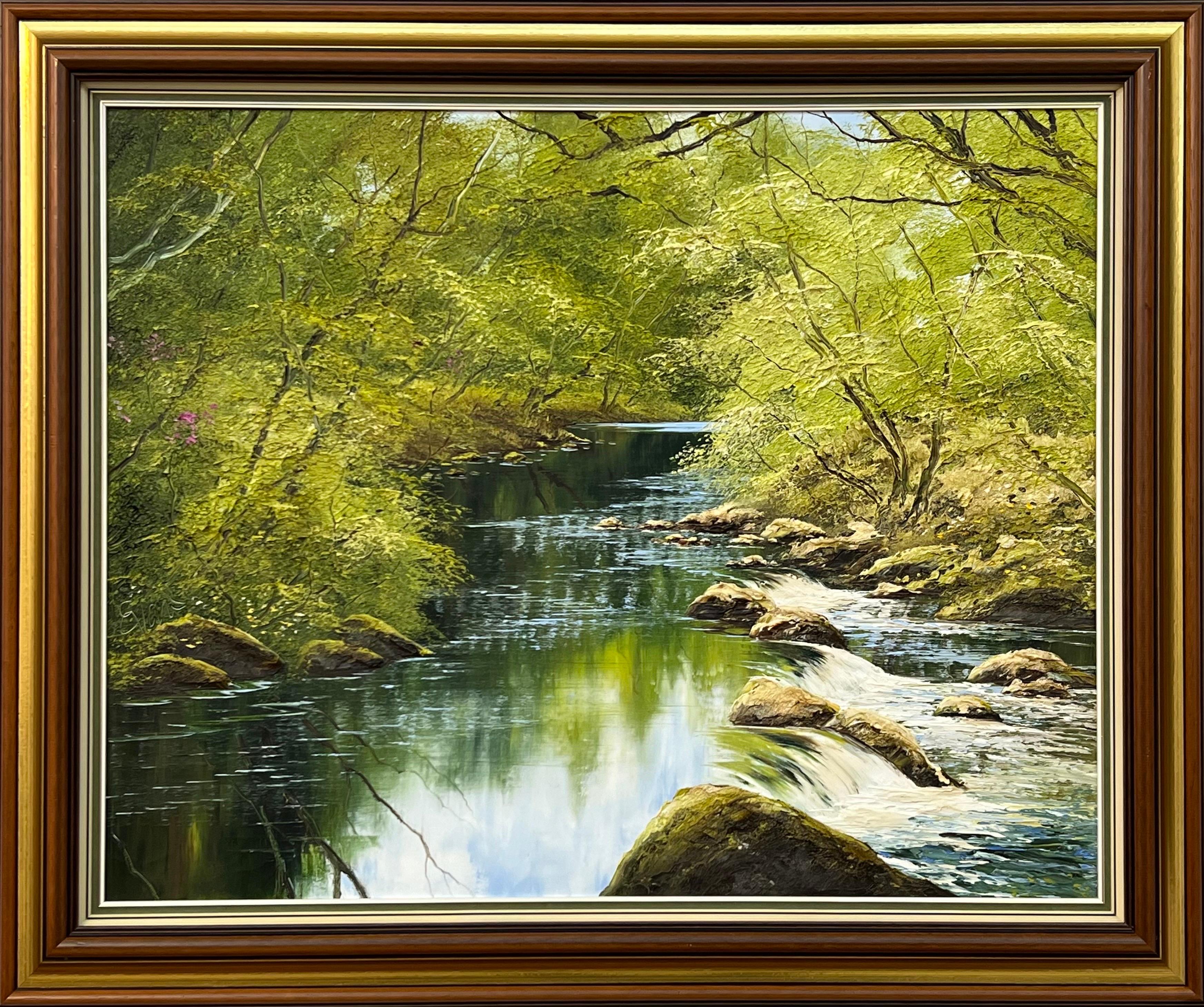 Peinture à l'huile empâtée d'une scène d'arbre de rivière Artiste britannique d'après-guerre et contemporain