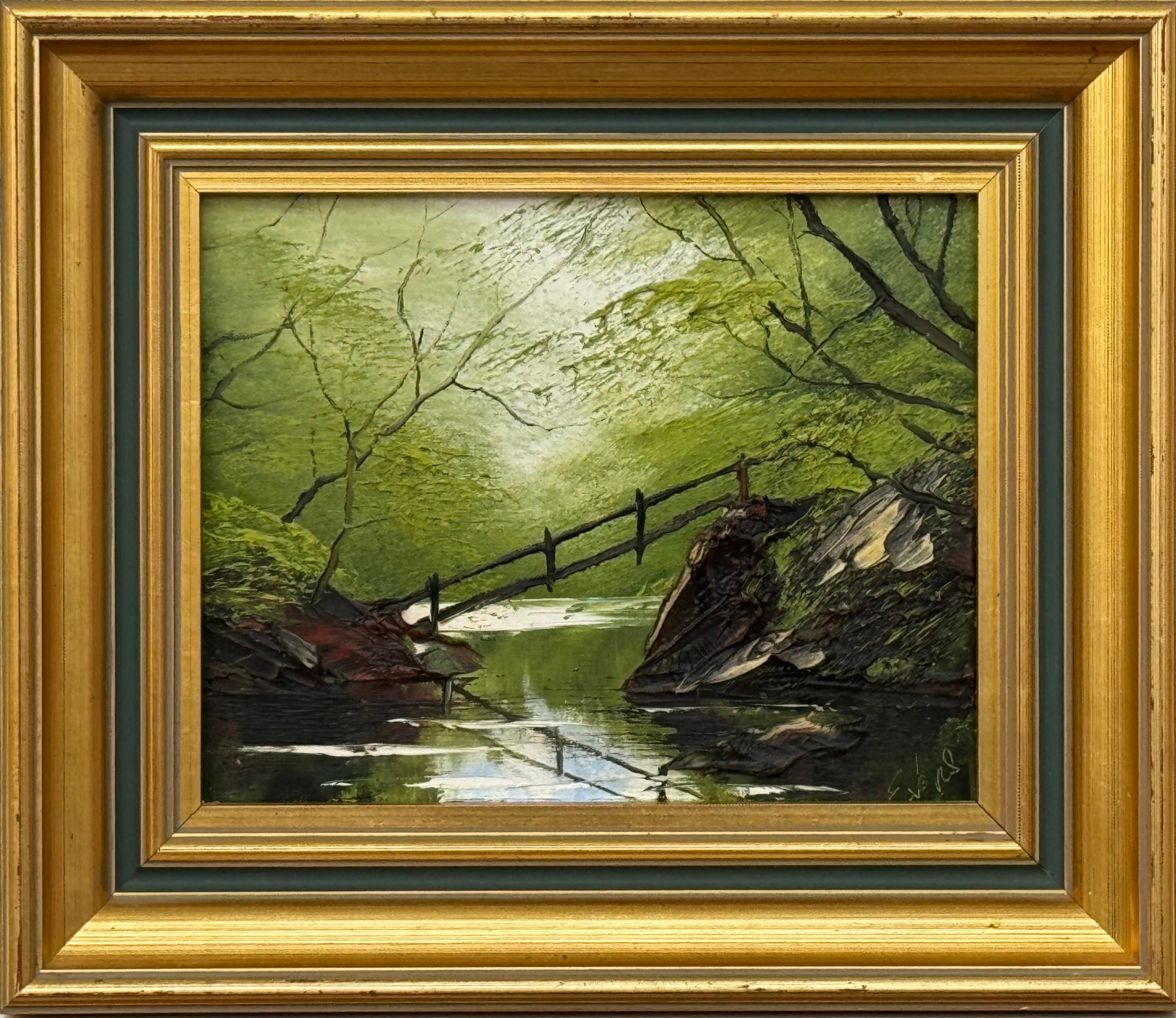 Pintura al óleo Impasto de Escena de Árbol Fluvial Artista Británico de Posguerra y Contemporáneo