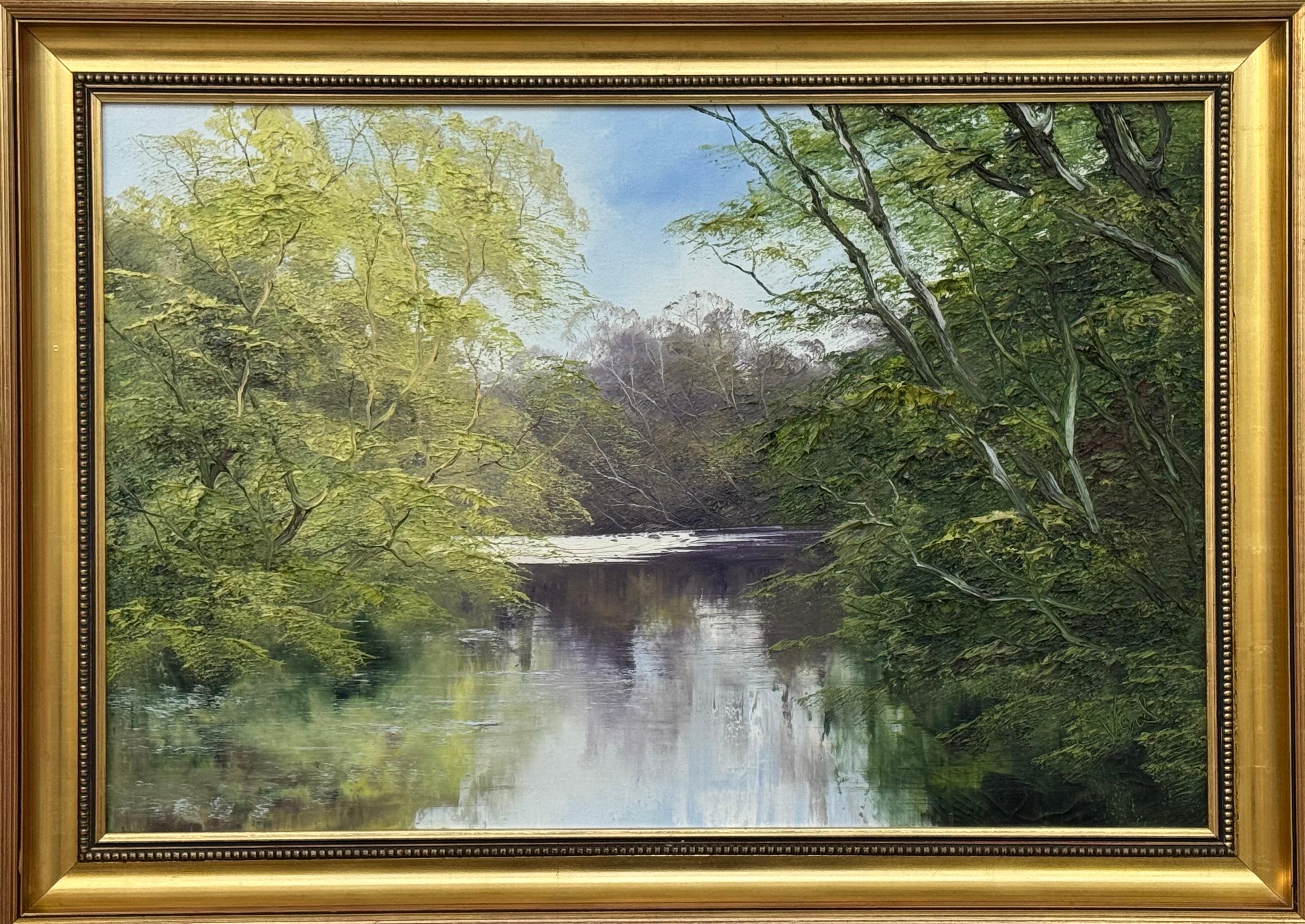 Impasto, Ölgemälde einer Flussbaumszene, britische Nachkriegs- und zeitgenössische Künstlerin