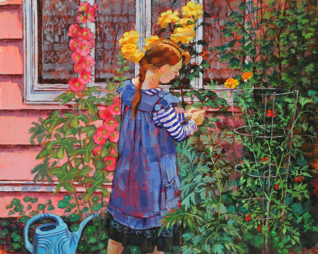 Figurative artist Terry Furchgott creates narrative works, often incorporating intricate still life subjects. Furchgott works with live models and sets up tableaux in the studio or during her travels, incorporating domestic objects and architectural