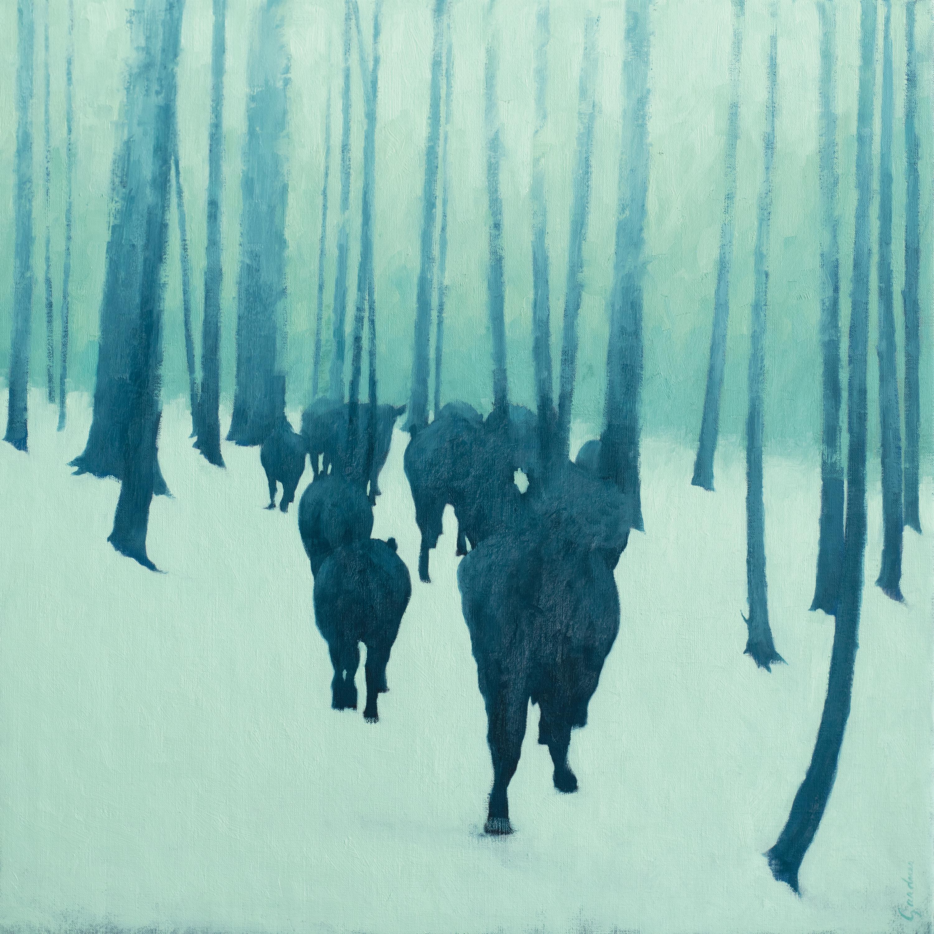 Terry Gardner Animal Painting - A Rancher's Winter (forest, cattle, trees, snow)