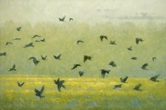 "Mientras vuelan los cuervos" (2025), Pintura al óleo original sobre lienzo, Paisaje con cuervos