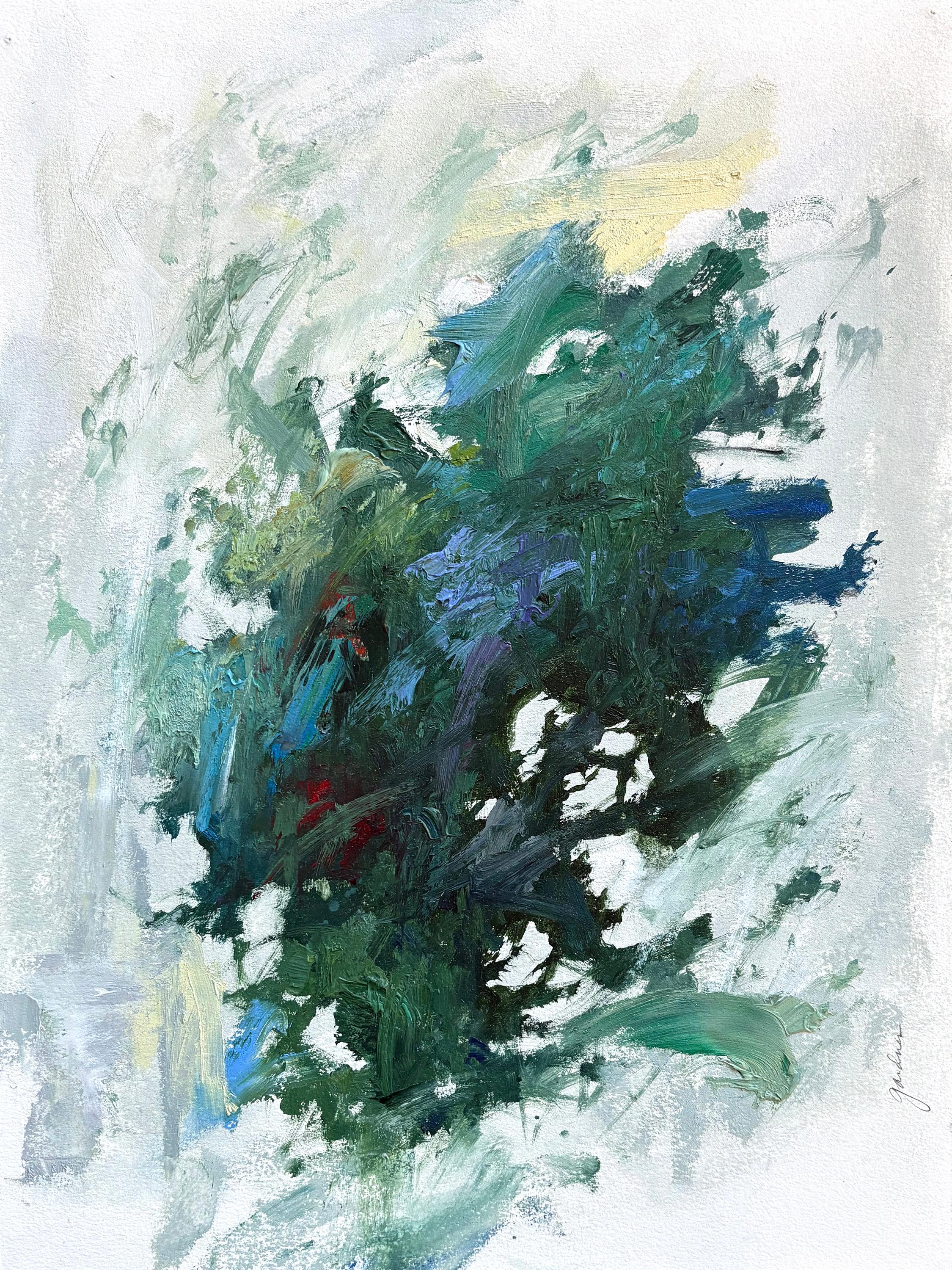 "Fractal One" by Terry Gardner is an original, handmade oil painting on paper that depicts a colorful abstract scene. This painting measures 18 x 14 x 2 inches in its frame and is ready to hang.