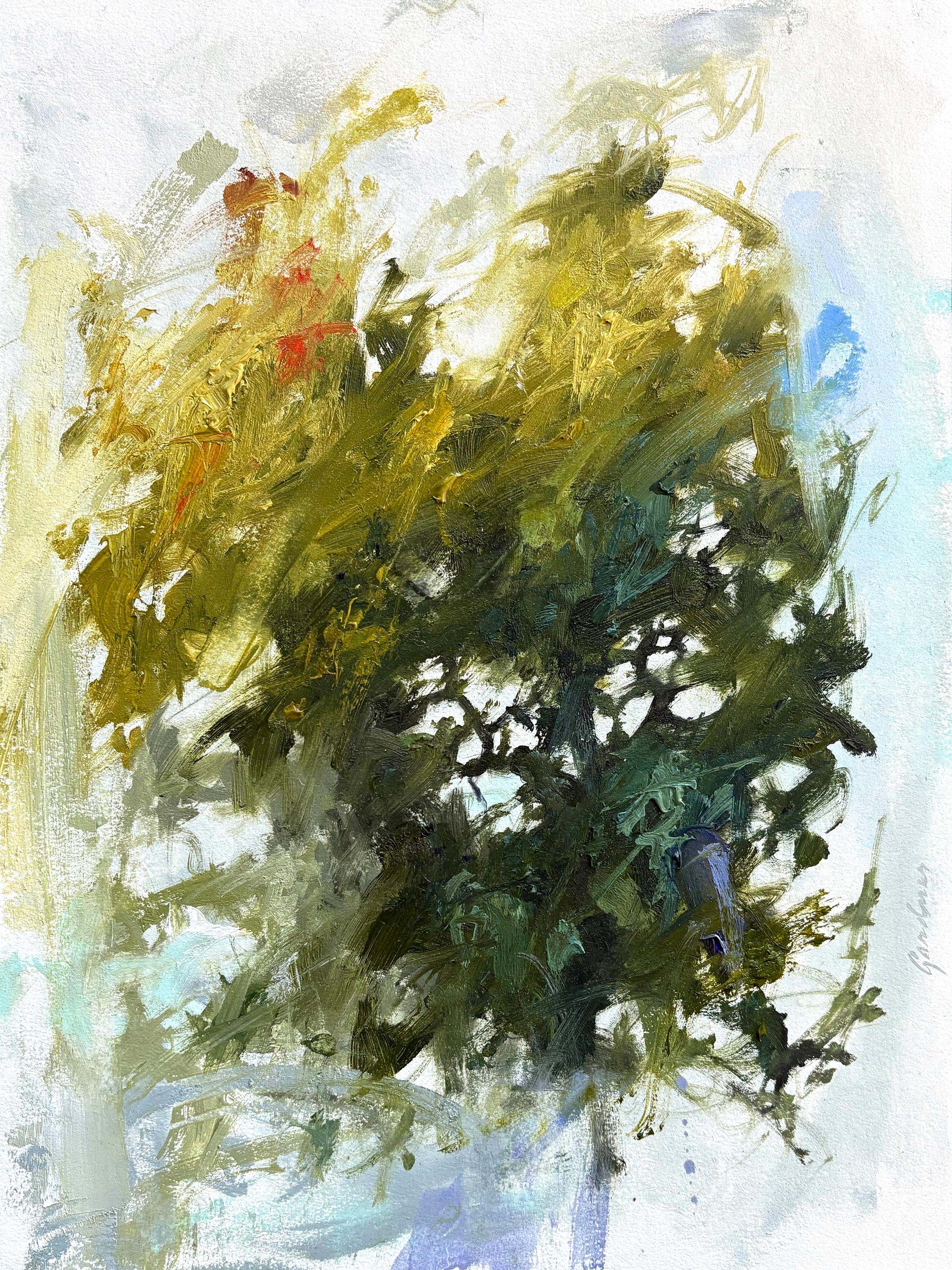 "Fractal Two" di Terry Gardner è un dipinto a olio su carta originale e fatto a mano che raffigura una colorata scena astratta. Questo quadro misura 18 x 14 x 2 pollici nella sua cornice ed è pronto per essere appeso.