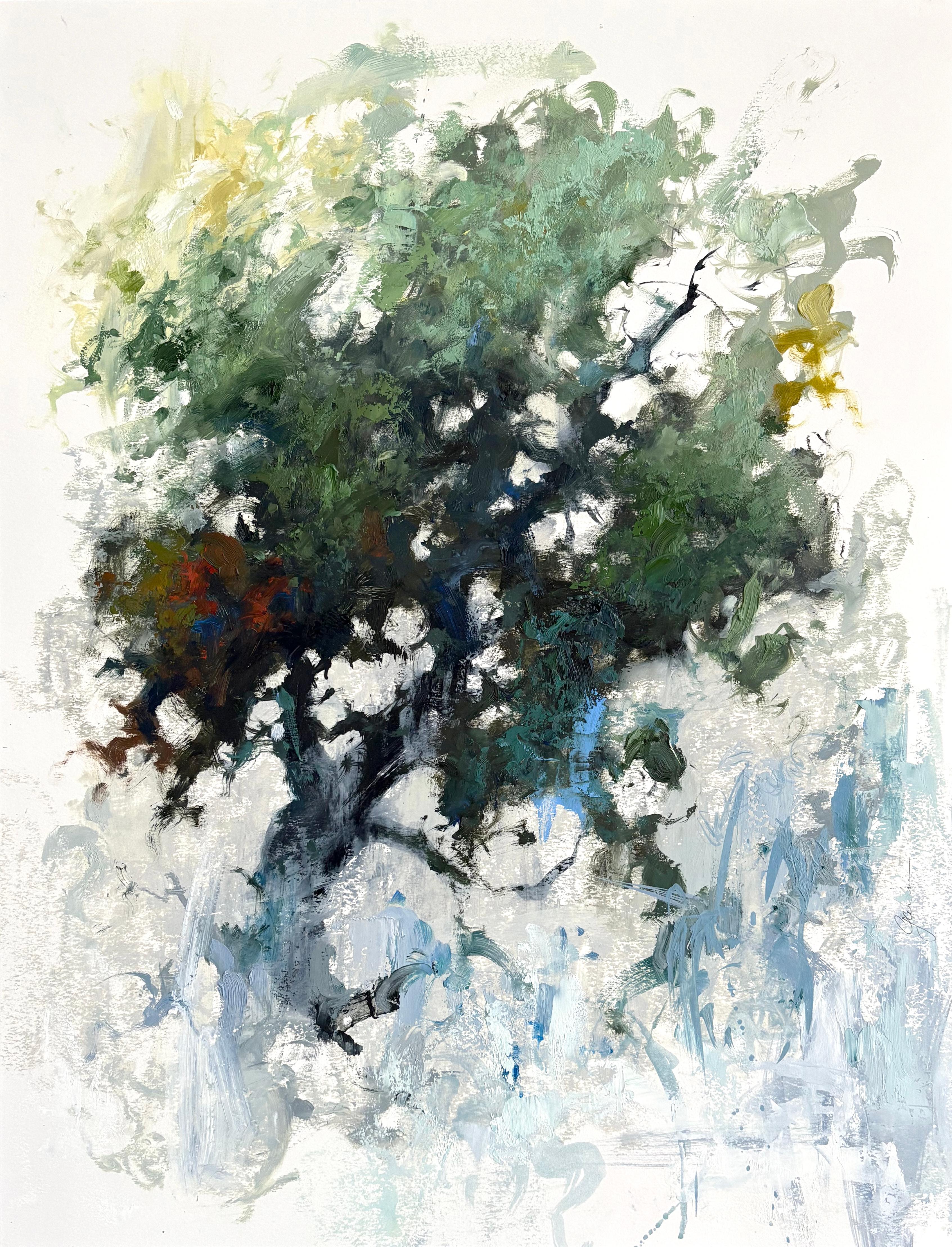 "Fractality Beginnings" di Terry Gardner è un dipinto a olio su carta originale e fatto a mano che raffigura una colorata scena astratta. Questo quadro misura 28 x 22 pollici nella sua cornice ed è pronto per essere appeso.