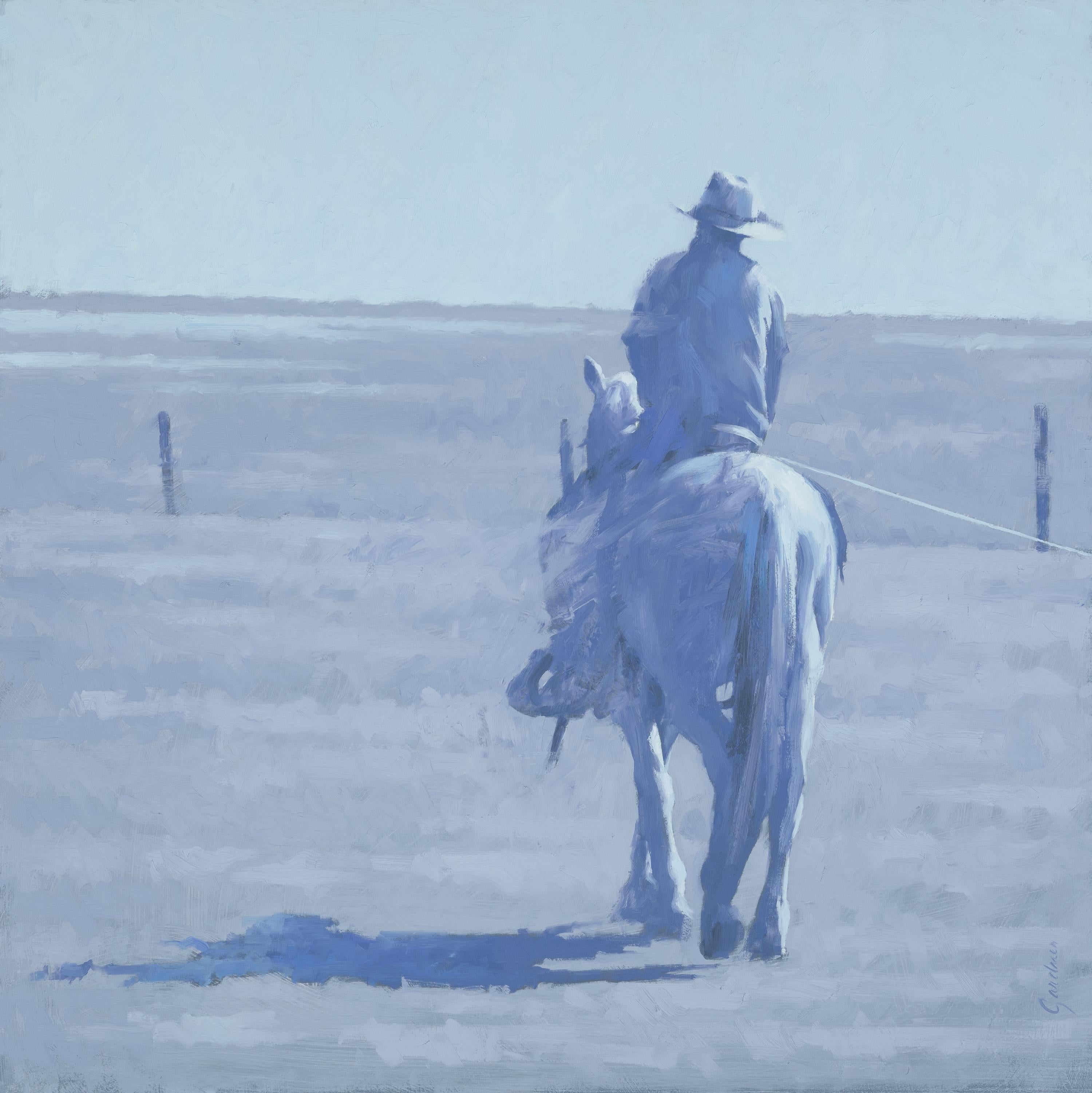 Terry Gardner Landscape Painting - Roping at Chico Basin (cowboy, horse, landscape, blue)